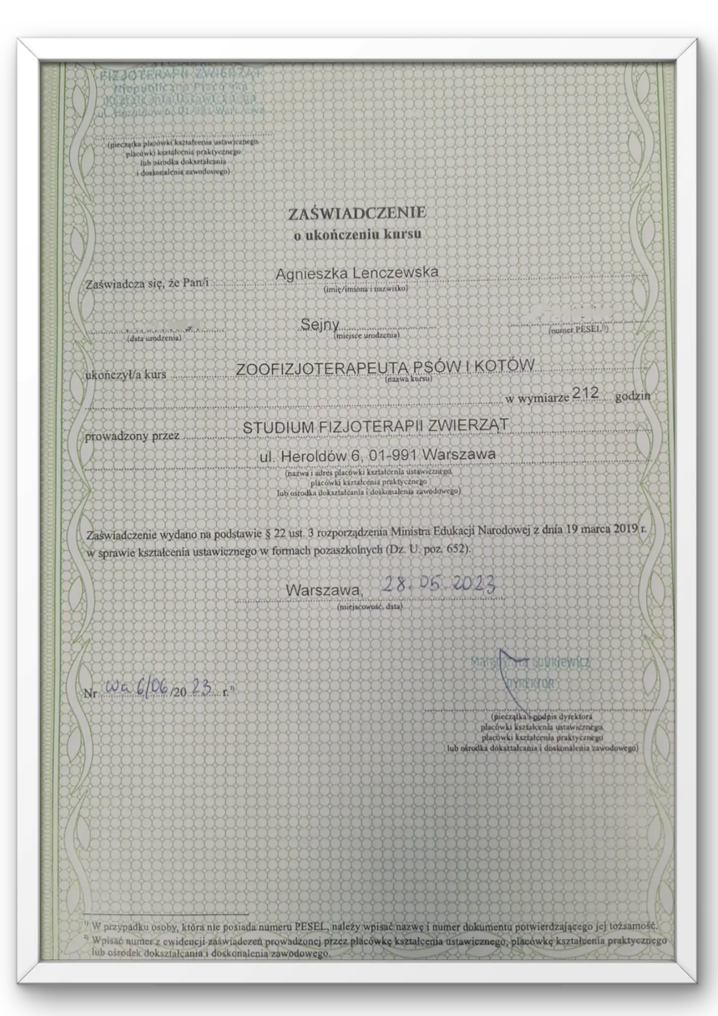fizjoterapeuta psów i kotów suwałki_dyplom